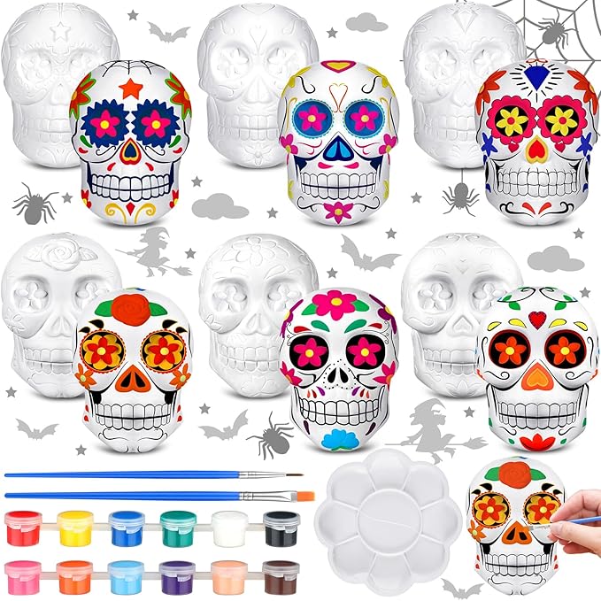 CroBlissful 6 Sets Halloween Skull Ceramic to Paint Ready to Paint Your Own Sugar Skull Figurines Unpainted Plaster Arts and Crafts with Brush Palette for Adults Halloween and Day of The Dead Decor - sugar skull garden decor