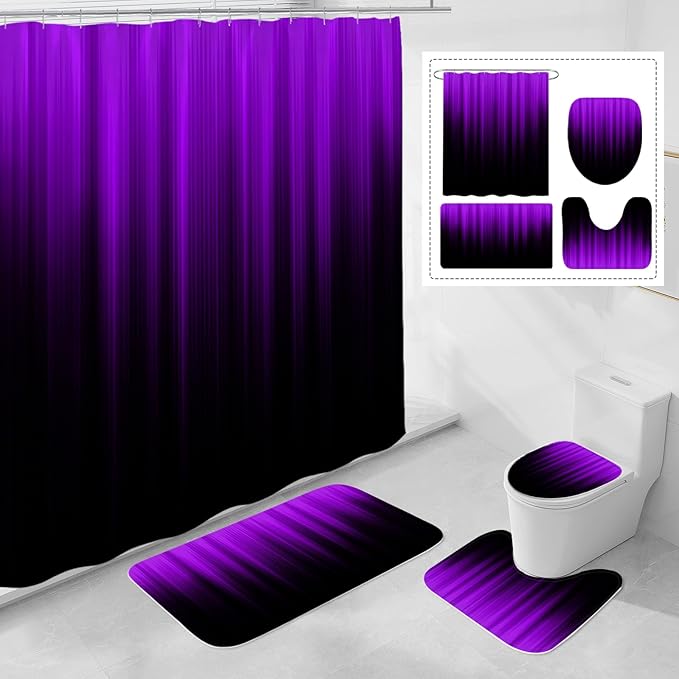 4 Pcs Purple and Black Gradient Shower Curtain Set with Rugs and Toilet Lid Cover, Modern Simple Waterproof Fabric Bathroom Set, Ombre Stripe Gothic Abstract Bathroom Decor Set Accessories - sugar skull shower curtain set