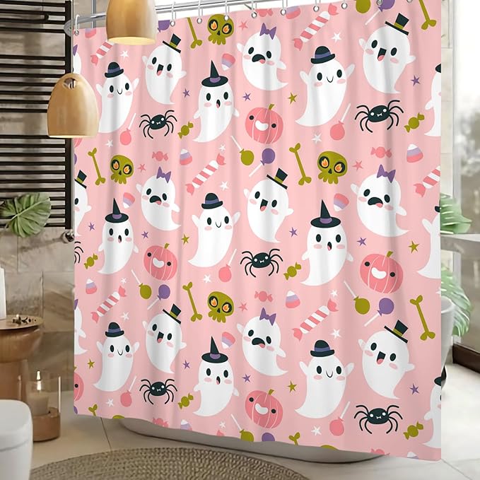 ChloropLastid Halloween Ghost Shower Curtain Cute Pink Cartoon Spooky Sugar Skull Pumpkins Spider Shower Curtain Funny Halloween Trick or Treat Kids Bathroom Decor Curtains 72x72 Inch - sugar skull shower curtain set