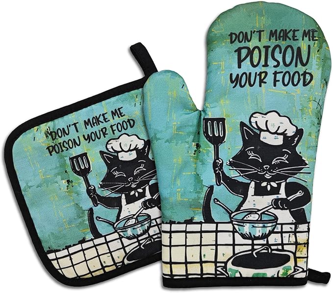 Funny Black Cat Oven Mitt and Pot Holders（Set of 2） Don't Make Me Poison Your Food Heat Resistant Silicone Non-Slip Oven Mitts Funny Kitchen Accessories Gifts for Chef Family Friend Hostess - sugar skull oven mitts