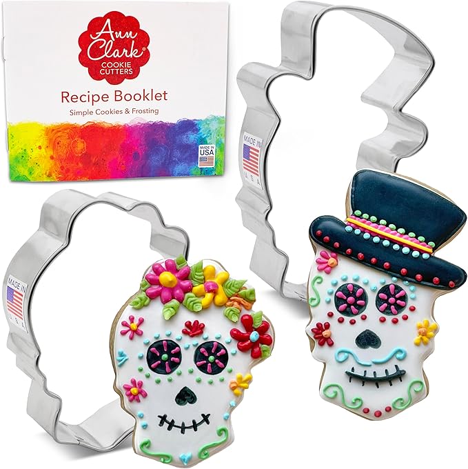 Halloween & Day of The Dead Sugar Skull Cookie Cutters 2-Pc. Set Made in the USA by Ann Clark, Sugar Skull with Flowers, and Sugar Skull with Top Hat - sugar skull coffee cup
