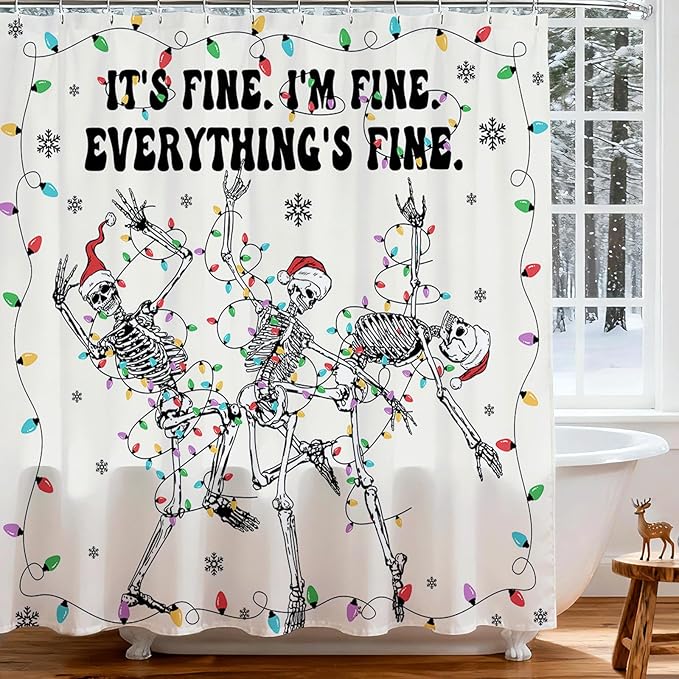 Mocsicka Christmas Shower Curtain Skeleton Santa Shower Curtain with 12 Hooks, Funny Xmas Dancing Skull Colourful Lamp Snowflake for Christmas Home Bathroom Decor 72 x 72 Inch - sugar skull shower curtain set