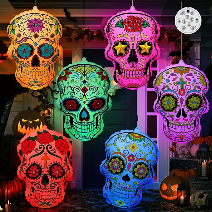 Jetec 6 Pcs 24 Inch Halloween Inflatable Sugar Skull Halloween Inflatable Blow Up Decorations Dia De Los Muertos Day of The Dead PVC Giant Sugar Skulls with LED Light for Mexican Fiesta Party Yard - sugar skull table lamp