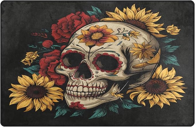 ALAZA Sugar Skull Peonies and Sunflowers Floor Mat Rectangle Non-Slip Absorbent Floor Mat for Living Room Bedroom Study Room,31 x 20 inches - sugar skull floor mat