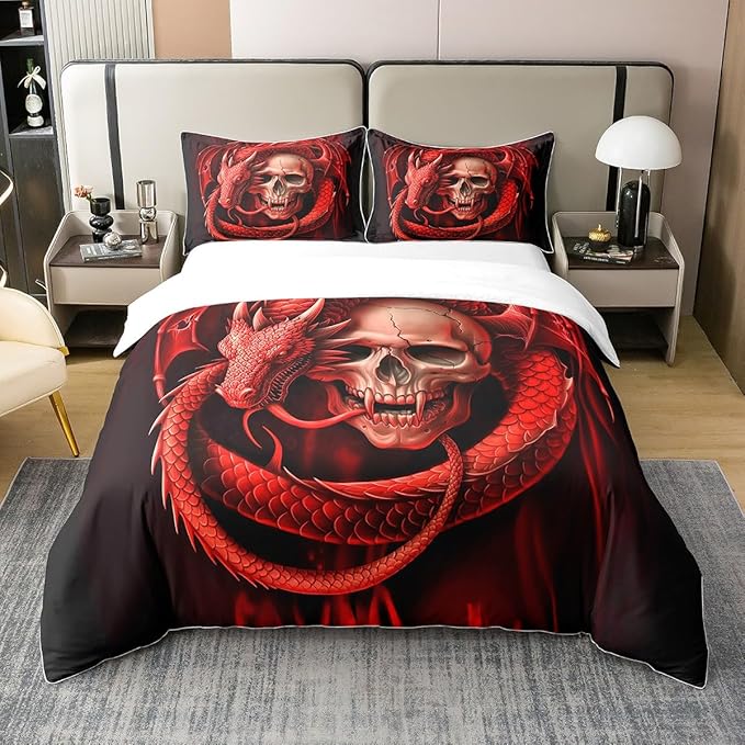 Erosebridal 100% Cotton Sugar Skull Bedding Set Full Size,Gothic Skull Skeleton Bed Set,3D Dragon Animal Duvet Cover,Black Red Comforter Cover Soft Breathable,2 Pillowcases - sugar skull bedding set