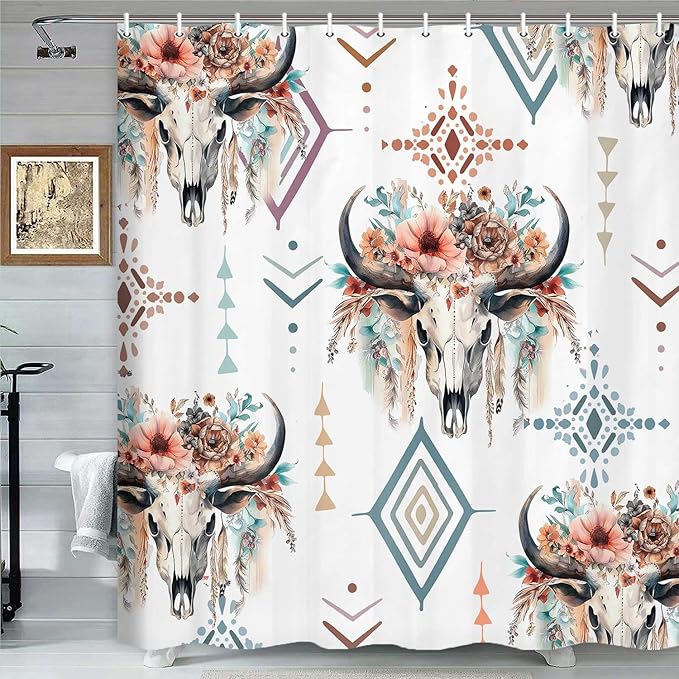 Western Bull Skull Shower Curtain, Retro Cow Longhorn Skull Flower Head Bathroom Curtain, Boho Farmhouse Waterproof Polyester Shower Curtain Set,72x72 Inch - sugar skull shower curtain set