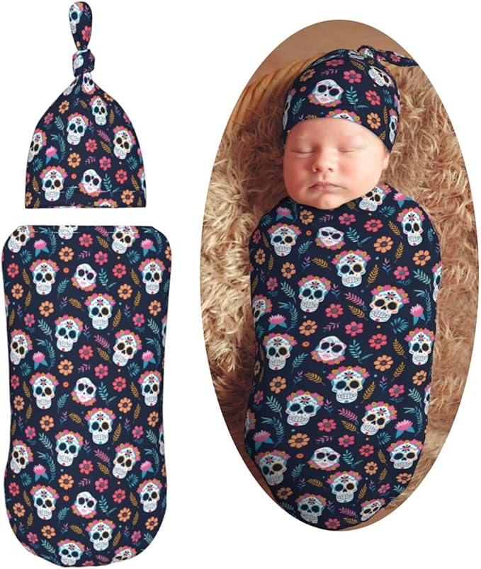 Sugar Skulls and Flower Newborn Swaddle Blankets Hat Sets Soft Baby Receiving Blanket Swaddle Sack for Baby Shower Infant Boy Girl Gift - sugar skull throw blanket