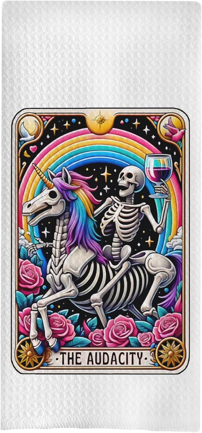 The Audacity Funny Tarot Card Kitchen Towels, Halloween Gothic Skeleton Kitchen Dish Towels, Gothic Kitchen Bathroom Decor, Halloween Skull Decorative Hand Towels for Bathroom 16x24 Inches - sugar skull beach towel