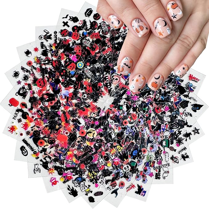 24 Sheets Halloween Nail Art Stickers 3D Self-Adhesive Nail Decals Scary Ghost Face Nail Supplies Spider Web Skull Witch Bat Designs Acrylic Nail Accessories for Women Kids DIY Manicure Decorations - sugar skull nail art