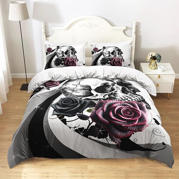 AILONEN Sugar Skull Duvet Cover Set King Size,Black and White Skull Gothic Comforter Cover Set,3 Piece Rose Skeleton Comforter Cover with 2 Pillowcases - sugar skull throw pillow