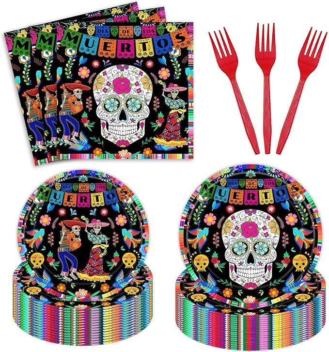 96Pcs Day of The Dead Plates Napkins Mexican Dia DE Los Muertos Party Supplies Tableware Fiesta Sugar Skull Dinnerware for Halloween Party Serve 24 Guests - sugar skull plates set