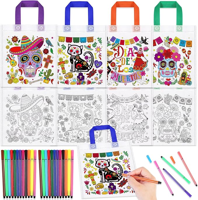 HOWAF 12pcs Day of The Dead Coloring Goodie Bags with Paint Pens, Dia De Los Muertos Coloring Candy Bags Sugar Skull Colouring Gift Bag, Halloween Reusable Canvas Bag Party Favors - sugar skull christmas ornament