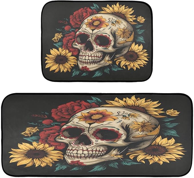 ALAZA Sugar Skull Peonies and Sunflowers Kitchen Rug Set, 2 Piece Set, Non-Slip Floor Mat for Living Room Bedroom Dorm Home Decor, 19.7 x 27.6 Inch + 19.7 x 47.2 Inch - sugar skull floor mat
