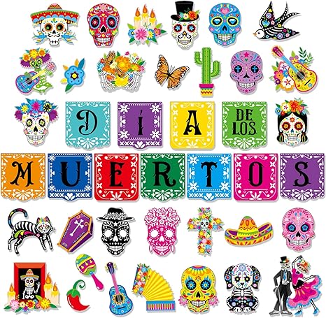 HOWAF 41pcs Dia De Los Muertos Bulletin Board Set Day of The Dead Sugar Skull Cutouts for Day of The Dead Party Classroom Chalkboard Wall Decor,Dia De Los Muertos Skeleton Couple Cat Marigold Cutouts - sugar skull temporary tattoo