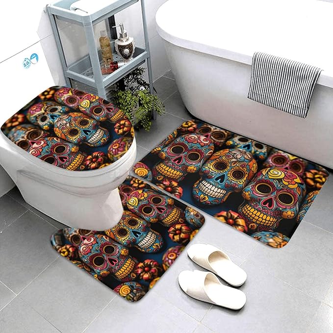 Bathroom Rugs Set 3 Piece Bath Mat Set Non-Slip Bath Rugs Colorful Sugar Skulls Bath Mat Washable Bathroom Rug Mats for Bathroom Home Decor Bathroom mat for Shower Tub Bedroom - sugar skull toilet mat set