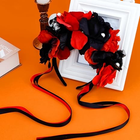 Flower Crown Day of the Dead Rose Headbands Skull Floral Crown Mexican Headpiece with Ribbon for Women Girls Black Red - sugar skull flower crown