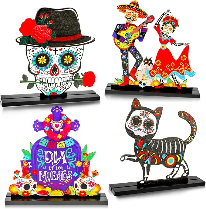 HOWAF 4PCS Day of The Dead Table Decorations,Wooden Mexican Dia De Los Muertos Altar Centerpiece with Sugar Skull Dancing Ghost Skeleton Couple Skeleton Cat Altar for Day of The Dead Alter Decor - sugar skull figurine collectible