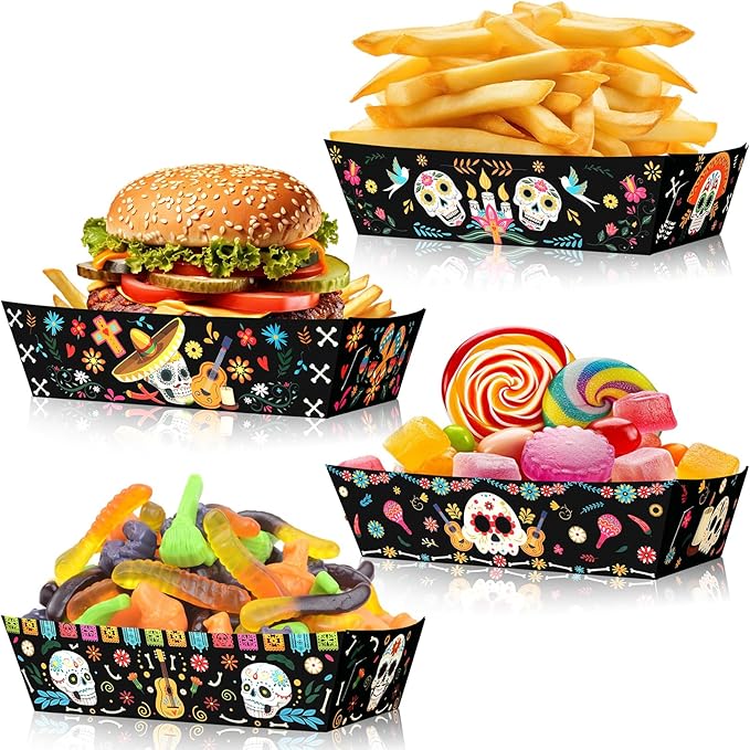 HOWAF 24 Pcs Day of The Dead Food Trays Sugar Skull Paper Food Boats for Mexican Dia De Los Muertos Decoration Supplies, Mexican Fiesta Disposable Tray Halloween Food Tray for Chips, Nachos,Candy - sugar skull plates set