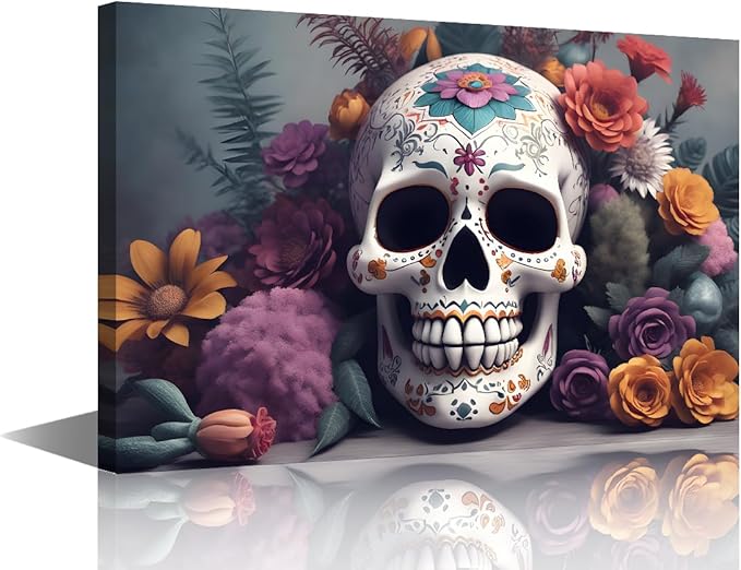 Flowers Painting Wall Art Death Day Canvas Wall Art Decor Colorful Sugar Skull Poster Wall Art 1 Panel Home Wall Decor for Living Room Bedroom Home Wall Art Stretched Ready to Hang 18x12 in - sugar skull poster print