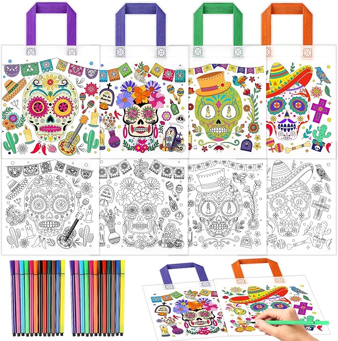 HOWAF Day of The Dead Coloring Gift Bags with 24 （12 Colors） Paint Pens, 12pcs Color Your Own Sugar Skull Tote Bags Dia De Los Muertos Non-Woven DIY Bags for Mexican Halloween Party Favors Activity - canvas sugar skull tote bag