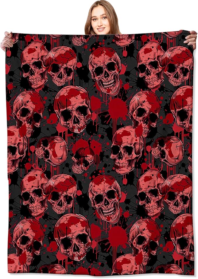 Red Skull Blanket,Gothic Horror Throw Blankets,Gifts for Women Men Boys, Lightweight Soft Fleece Cozy,for Sofa Couch Bed Room Travel,Goth Festival Halloween Decor,50x60in - sugar skull throw blanket