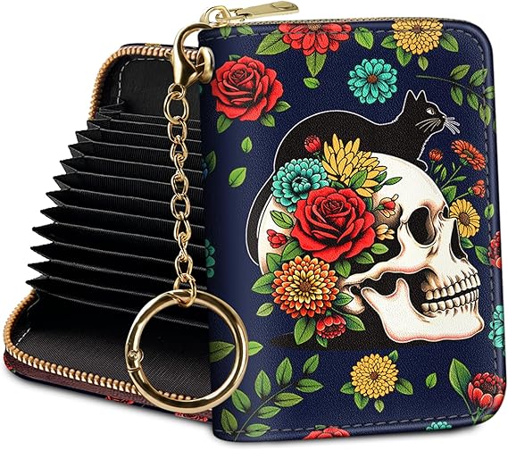 Credit Card Holder RFID Wallet, Small Card Holder Wallet for Women with Keychain Zipper, Funny Leather Print Credit Card Wallets Accordion Gift - sugar skull wallets for women