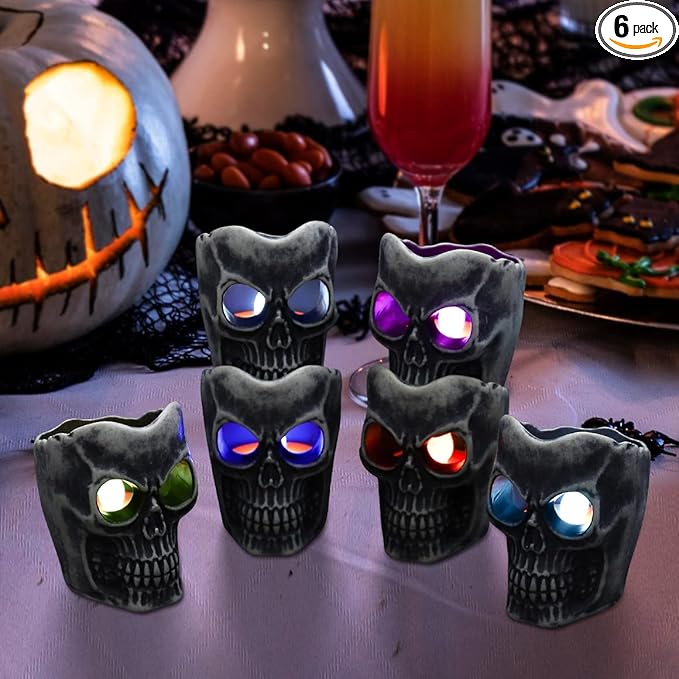 Halloween Decorations - Flameless Skull Candles Light - 6Pack Color-Changing Dripless Realistic Flickering Flame LED Candle Decor for Votive, Halloween Decor, Pumkin, Party, Indoor Outdoor - sugar skull candle holder