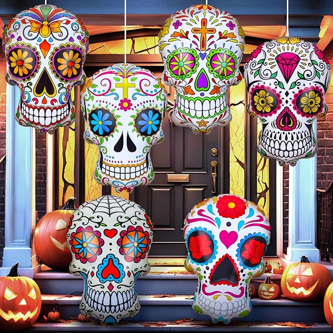 Soaoo 6 Pcs 24 Inch Inflatables Sugar Skull Decorations Blow up Day of The Dead Inflatable Dia De Los Muertos Large Double Sided Halloween Decor for Mexican Fiesta Party Yard Lawn Garden Outdoor - sugar skull christmas decorations