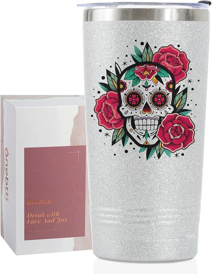 Onebttl Sugar Skull Gifts for Women, Day of the Dead, 20 oz Travel Tumbler with Lid, Brush, and Straw, Mexican Gifts, Silver Glitter - sugar skull garden decor