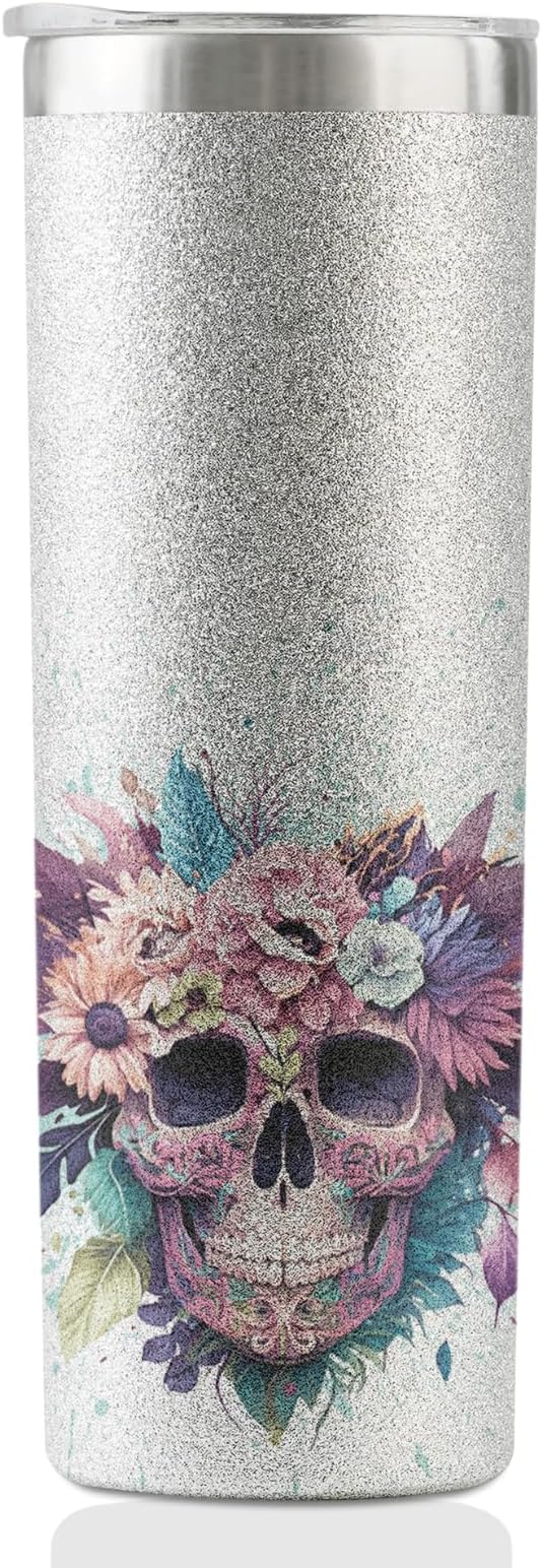 Onebttl Sugar Skull Gifts for Women, Day of the Dead, 20 oz Skinny Tumbler with Lid, Brush, and Straw, Mexican Gifts, Silver Glitter - sugar skull throw blanket