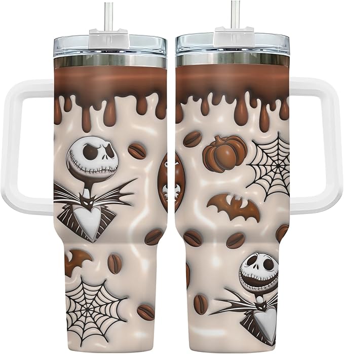 3D Tumbler With Handle and Straw Lid, Jack Stainless Steel 40 oz Tumbler, Christmas and Halloween Gifts, Skeleton Mug, Movie Cup, Birthday Gift for Movie Lovers - sugar skull tumbler with straw