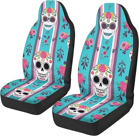 Mexican Sugar Skull Floral Print Car Seat Covers 2pc Front Seats Only Automotive Accessories Breathable Universal Bucket Seat Cover Fit for Cars & Vans - sugar skull car seat covers set