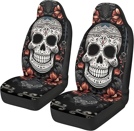 Retro Sugar Skull Print Front Only Car Seat Cover for Women Men, Washable Soft Thin Vehicle Seat Protector for Auto Sedan SUV Truck Accessories Set of 2 - sugar skull car pet seat cover