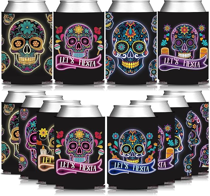 Black Mexican Fiesta Skull Face Can Sleeve Holder 12PCS, Dia De Muertos Death of the Day Beverage Drink Bottle Cooler Cover, Cinco de Mayo Birthday Bridal Shower Bachelorette Gift Decorations - sugar skull coasters set