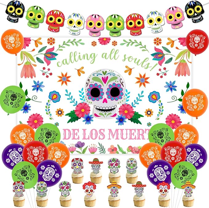 Day of the Dead Decorations White Calling All Souls Dia De Los Muertos Backdrop Mexican Sugar Skull Flower Garland Banner Cupcake Topper Latex Balloons for Mexican Festival Fiesta Party Supplies - sugar skull coffee cup