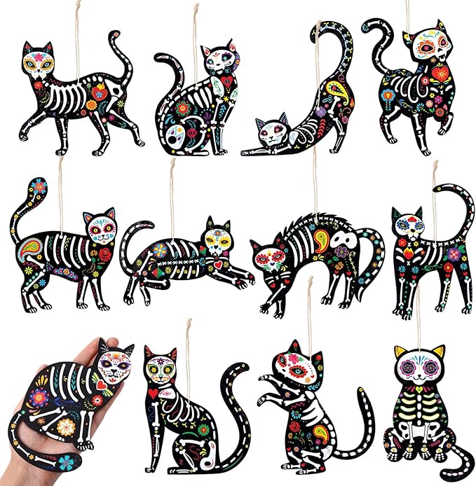 Barydat 12 Pcs 6'' Sugar Skull Cat Skeleton Ornaments - Large Gothic Christmas Hanging Decor for Home Tree, Day of The Dead Party, Spooky Xmas - sugar skull christmas ornament