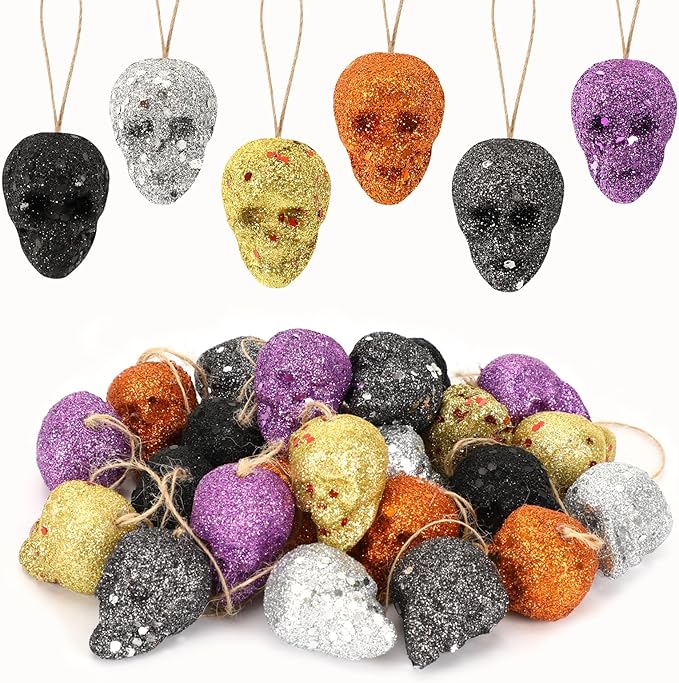 JULMELON 24Pcs Mini Glitter Hanging Skull Heads Halloween Colorful Foam Hanging Skeleton Head for Halloween Tree Decoration Party Favors Craft Supplies - sugar skull christmas ornament