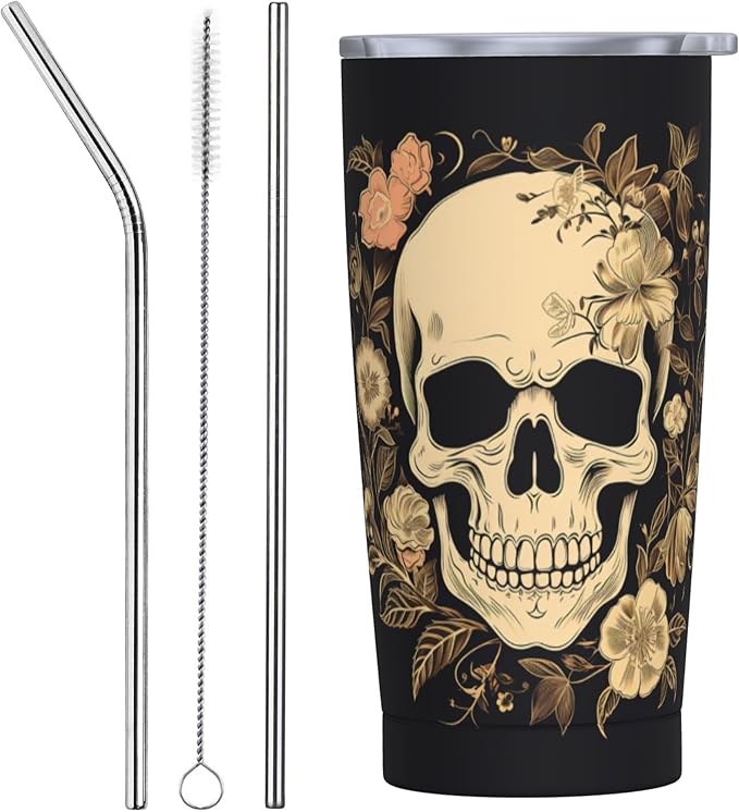 Skull Tumbler with Lid and Straw Insulated Travel Coffee Mug 20oz Double Wall Vacuum Stainless Steel Water Bottle Cup for Women Keep Cold or Hot - sugar skull tumbler with straw