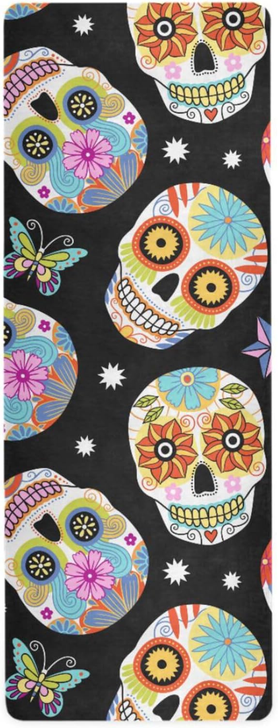 Traditional Mexican Sugar Skulls Yoga Mats for Women, 71x26 inch Non-Slip Hot Yoga Mat, Eco Friendly Pilates Fitness Mats, Exercise Mats for Home Workout and Floor Exercises - sugar skull yoga mat