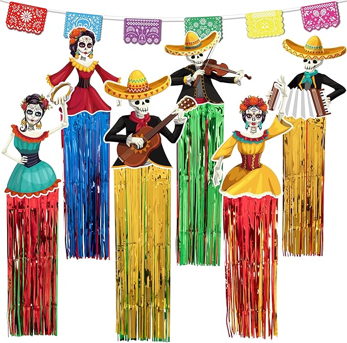 7Pcs Day of The Dead Decorations Sugar Skull Hanging Decor - Dia De Los Muertos Papel Picado Banner Mexican for Halloween Party Home Outdoor Decoration - sugar skull christmas decorations