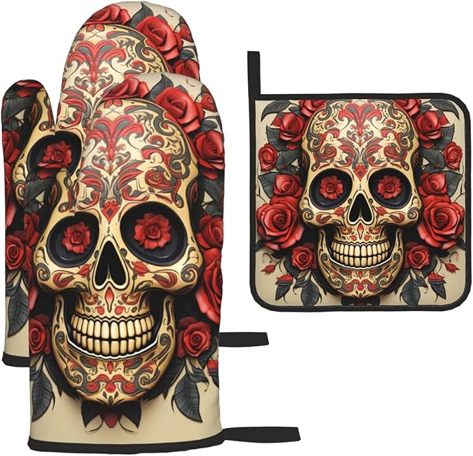Oven Mitts and Pot Holders 3 pcs Heat Resistant Oven Glove Red Rose Sugar Skull Oven Mitt Non-Slip Oven Gloves for Cooking Kitchen Hot Pads for Grilling Microwave Baking BBQ - sugar skull oven mitts