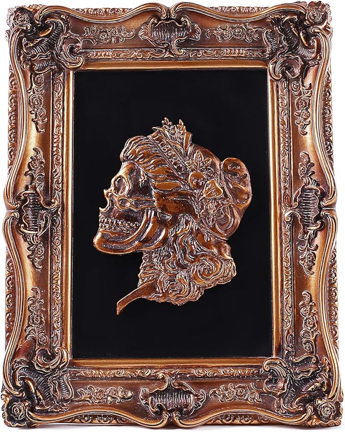 SIKOO Skull Ornaments Gothic Wall Sculpture Vintage Wall Sculptures Antique Wall Art Hand Painted Wall Hanging Skull Decoration Antique Pediment Wall Statue Gallery,Bronze Gold - sugar skull canvas wall art