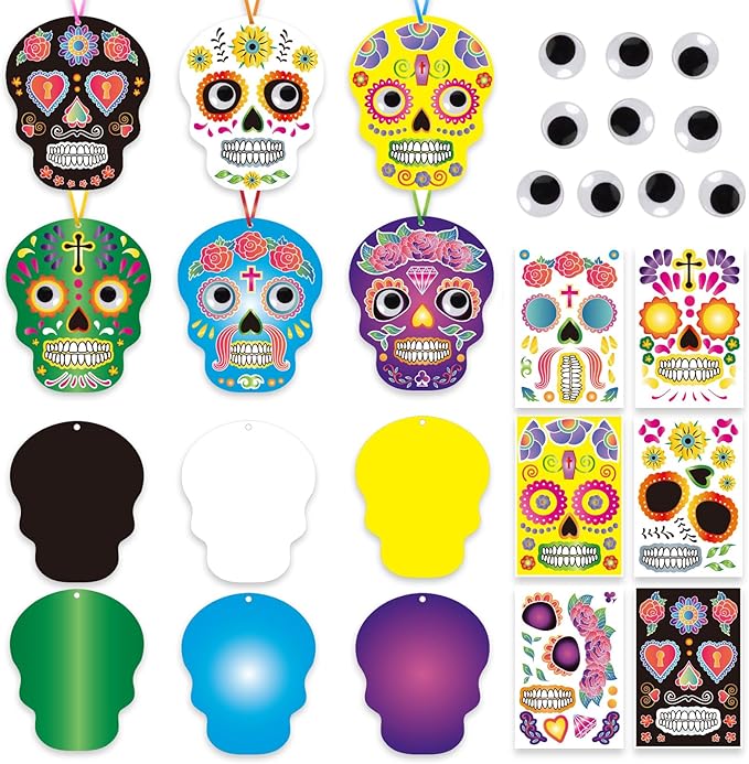 HOWAF 24 Pieces Day of The Dead Craft Kits Dia De Los Muertos Stickers with 40pcs Eye Stickers Decorations Make Your Own Skull Hanging Ornament, Day of The Dead Ornaments Set for Class Activities - sugar skull christmas ornament
