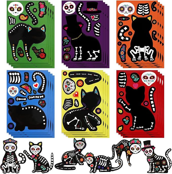 HOWAF 24Pcs Day of The Dead Crafts Kit Make a Cat Skeleton Stickers Make Your Dia De Los Muertos Skull Stickers Halloween Cat Sugar Skull Sticker Decoration for Halloween Kids Crafts Activities - sugar skull vinyl sticker