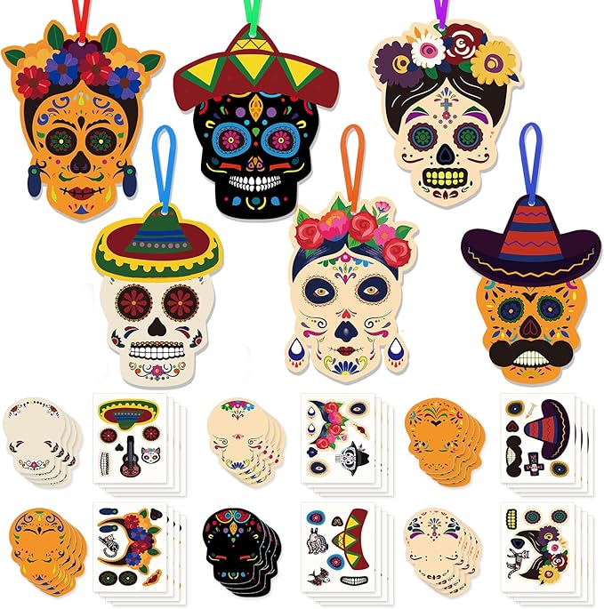 HOWAF Day of The Dead Craft Kits for Kids, Day of The Dead Stickers, Make Your Own Skull Hanging Ornament, DIY Sugar Skull Stickers for Mexican Dia De Los Muertos Supplies 24 Pieces - sugar skull christmas ornament