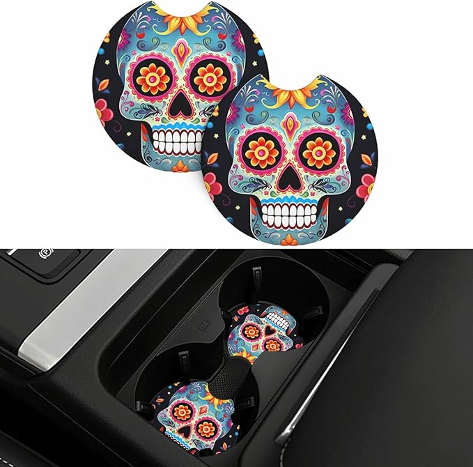 Car Coasters 2 Pack Sugar Skulls Car Cup Holder Coasters Non-Slip Drink Coasters Absorbent Insert Cup Pads Rubber Car Cup Mat Universal Car Interior Accessories for Most Vehicle - sugar skull car floor mats