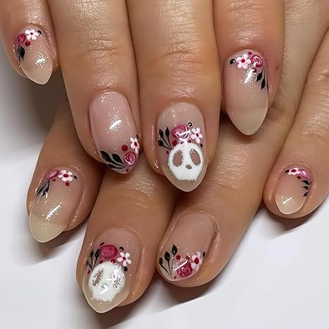 Halloween Press on Nails Short Almond Fake Nails Glossy Flower Rose Full Cover Glue on Nails Cute Nude Pink False Nails with White Skull Design Acrylic Nails Floral Stick on Nail for Women 24Pcs - sugar skull nail art