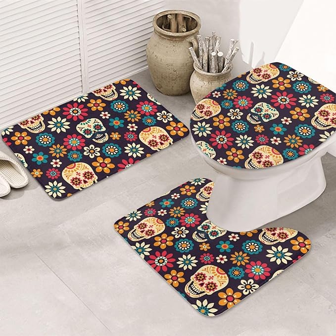 Halloween Ghost Sugar Skull Bathroom Mat 3-Piece Set of Flannel Bath Mat Set, Super Absorbent Toilet Cover and Soft Plush Anti Slip Bathtub Mat Floor 31.5×20in. - sugar skull toilet mat set