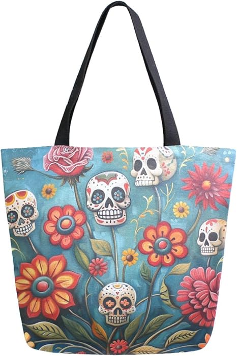 Vivid Pattern Extra Large Shoulder Grocery Tote Bag, Art Sugar Skulls Flower Day Of Dead Canvas Daily Handle Bag for Gym Weekender Beach Travel Kitchen Reusable Market Shopping - canvas sugar skull tote bag