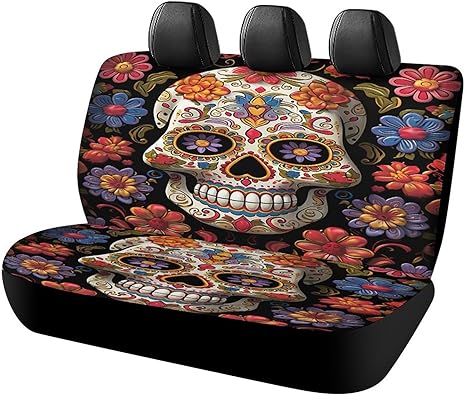 Bench Back Seat Covers for Cars,Trucks,SUVs - Easy to Cleanup Install Car Seat Cover,Sugar Skulls Car Seat Protector for Pet - sugar skull car pet seat cover